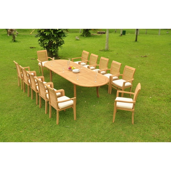 Grade-A Teak Dining Set: 12 Seater 13 Pc: 118" Double Extension Oval Table And 12 Mas Stacking Arm Chairs Outdoor Patio WholesaleTeak #WMDSMS31