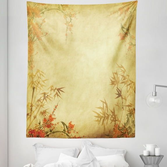 East Tapestry, Bamboo Stems and Blooming Flower Antique Grunge Background Oriental, Fabric Wall Hanging Decor for Bedroom Living Room Dorm, 5 Sizes, Mustard Vermilion, by Ambesonne
