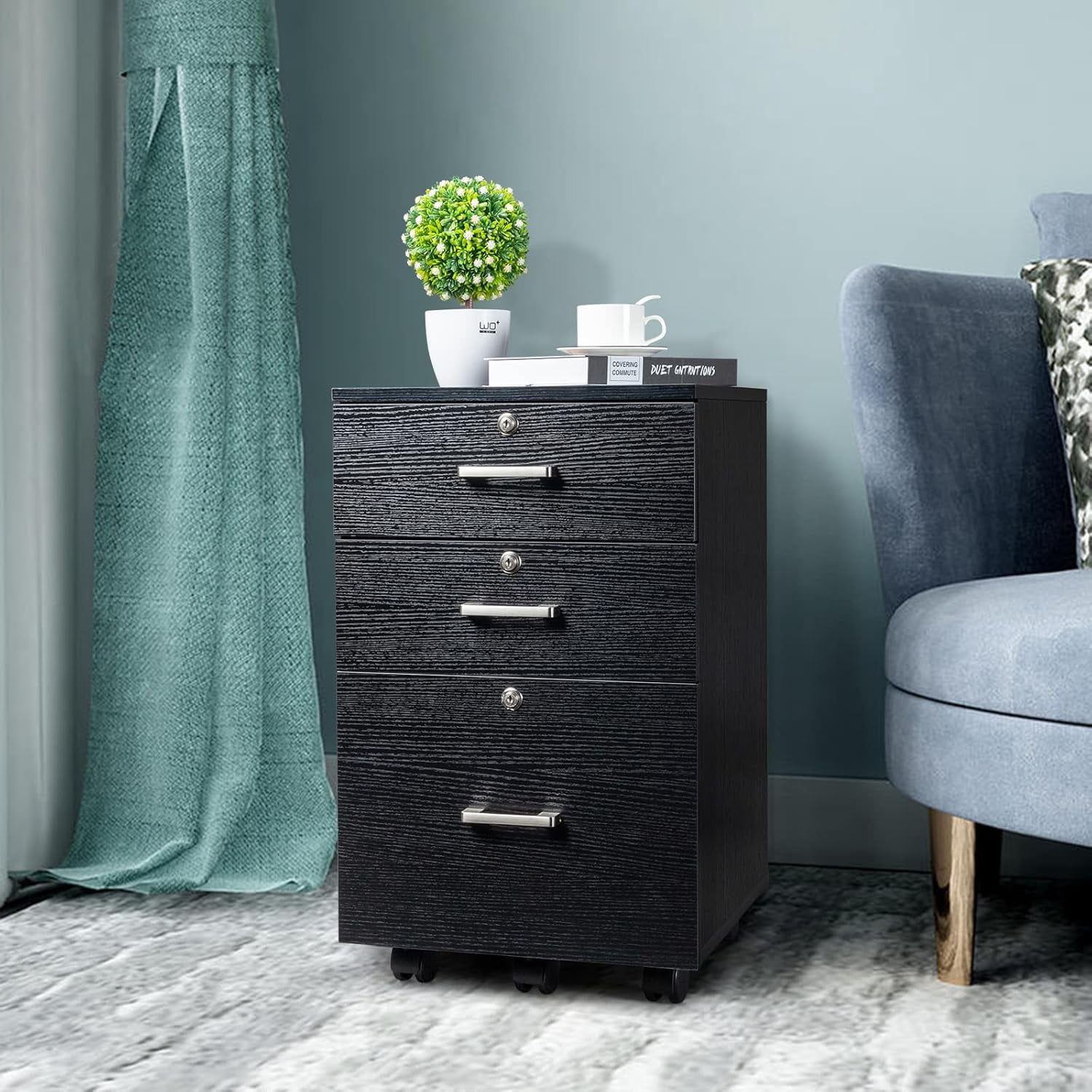 Black Wooden File Cabinet, 3 Drawer Vertical File Cabinets with 3 Lock,Printer Stand Mobile Storage Cabinet,Filing Storage Drawer for Home,Office,Black(15.75" L x 15.75" W x 26.1" H)