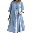 thumbnail image 1 of Vestido informal de lino con cuello en V para mujer: manga media, tres botones en el bolsillo, estilo veraniego, tallas S-XXL con detalles de busto/manga/longitud., 1 of 6