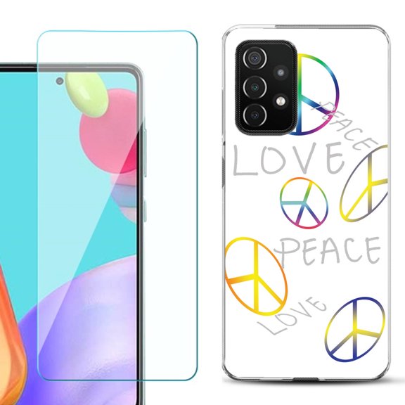 Slim-Fit Flexible Gel TPU Phone Case compatible with Samsung Galaxy A52 5G, with Tempered Glass Screen Protector, by OneToughShield ® - Love/Peace
