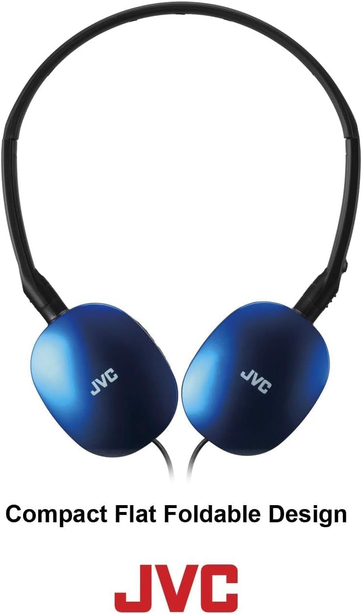 JVC Blue Flat Foldable Colorful Flats On Ear Headphones with Remote and Microphone, 3.94 Foot Gold Plated 3.5mm Slim Plug - HAS160MA, Adjustable