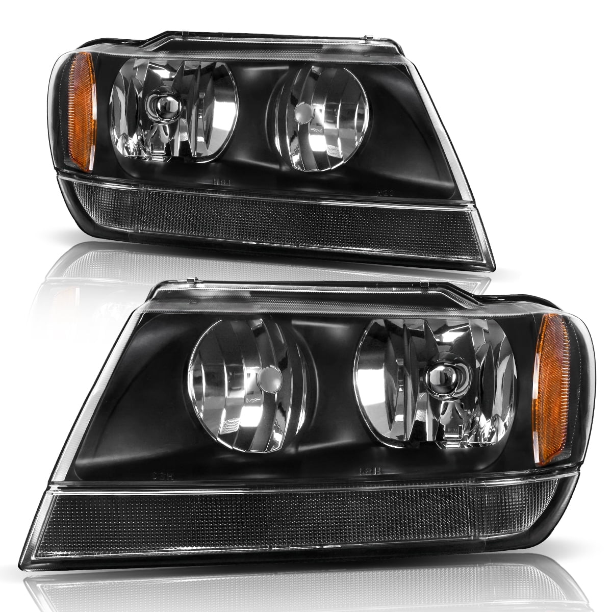 RVNI Headlights for 1999-2004 Jeep Grand Cherokee Black Housing Amber Side Headlamps