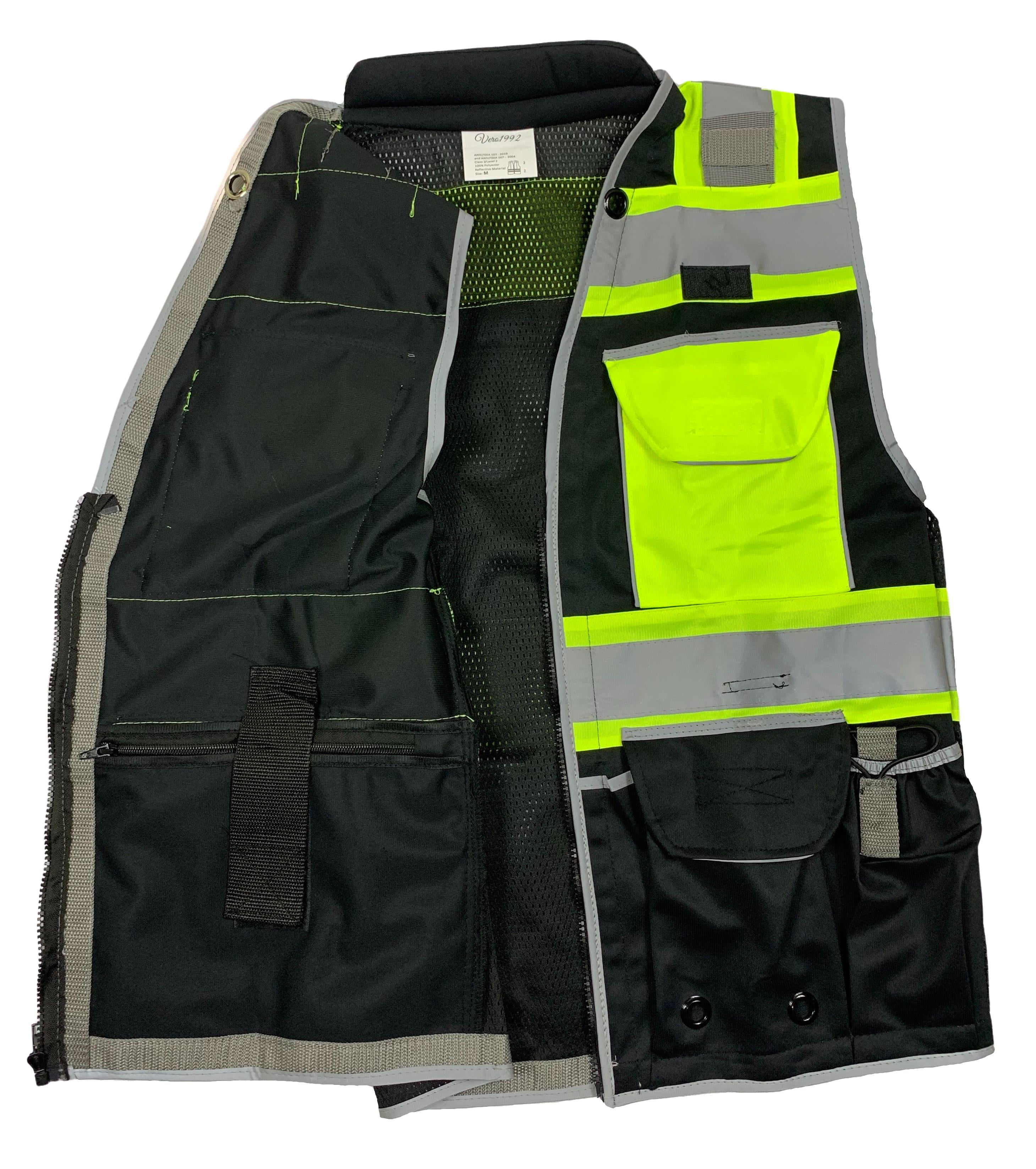 Medium, Black//Yellow Vero1992 E Engineer Safety Vest High Visibility Reflective Black Series Mesh with Zipper and pockets
