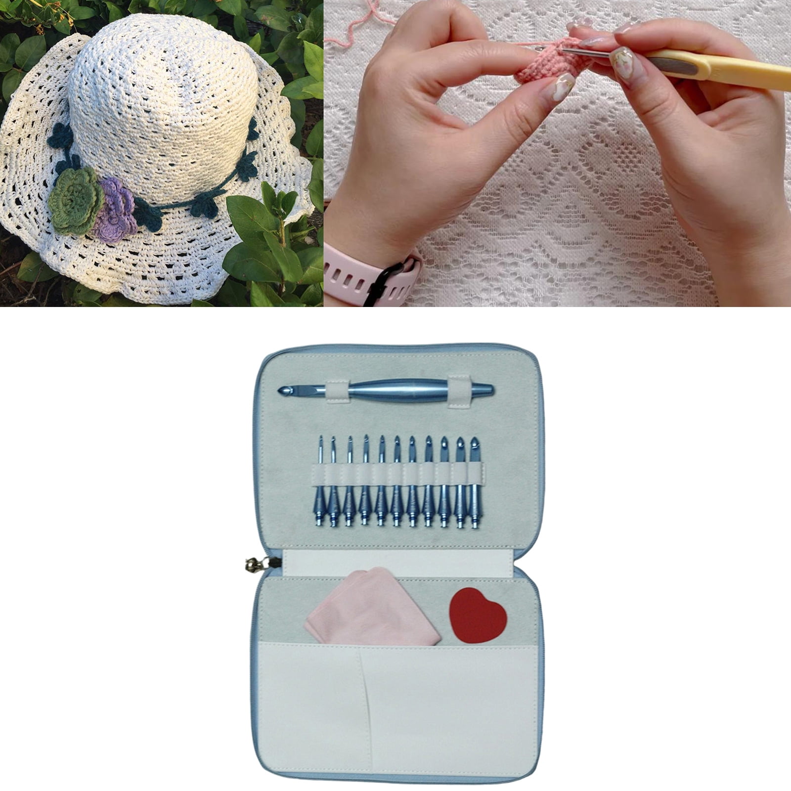 Ergonomic Grip Aluminum Crochet Hook with 12 Interchangeable Tip Crochet Needle 3.0mm-10mm for Knitting Sweater Scarf