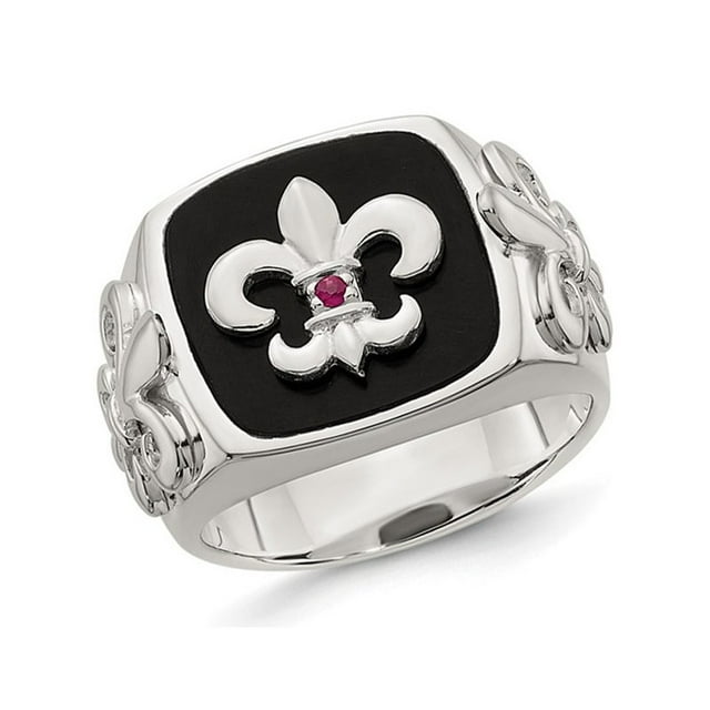 Mens Sterling Silver Fleur-De-Lis Ring with Black Onyx and Ruby