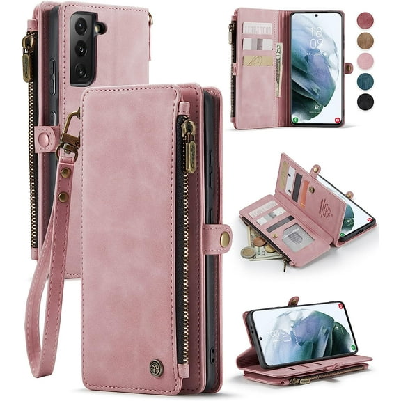 for Samsung S21 Case, for Samsung Galaxy S21 Case Wallet for Women Men, Durable PU Leather Magnetic Flip Strap Wristlet Zipper Card Holder Phone Case for Samsung Galaxy S21 5g, Rose Pink