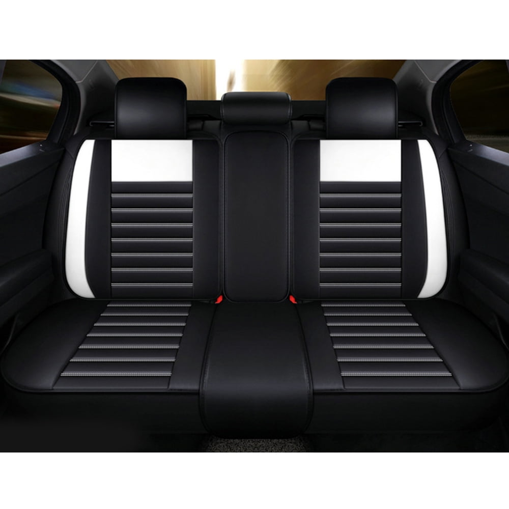 Maidao Universal Leather Car Seat Cover,Luxury 5 Seats Front and Rear Seat Covers with Non-slip Bottom,Full Set Black White