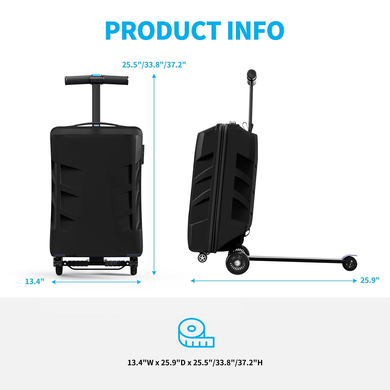 TABU Scooter Luggage for Kids & Adults, Ride on Suitcase with Wheels for Kids Ages 6-15,Black