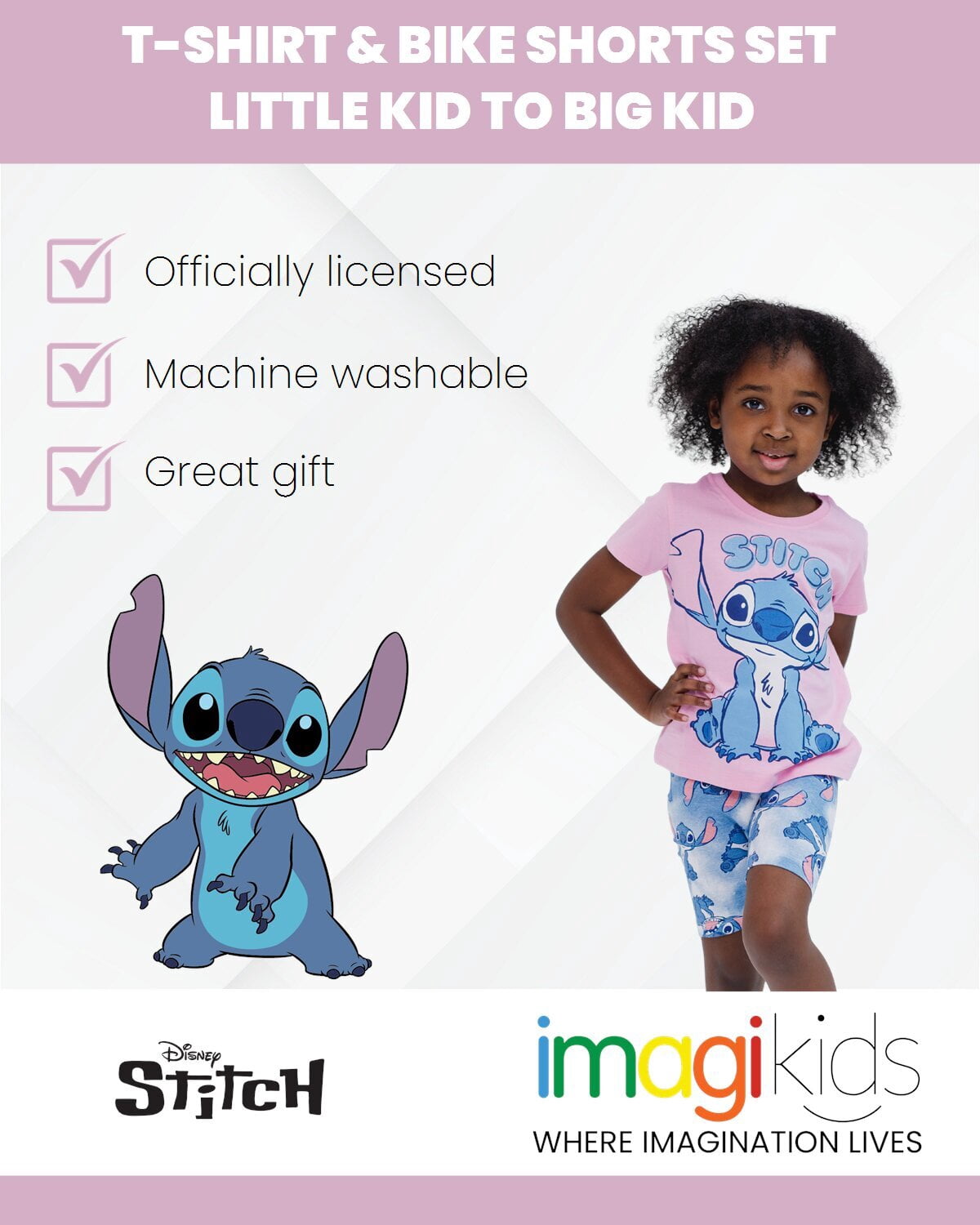 Disney Lilo & Stitch Big Girls' 2-Piece T-Shirt and Bike Shorts Set Stitch Pink Tie Dye