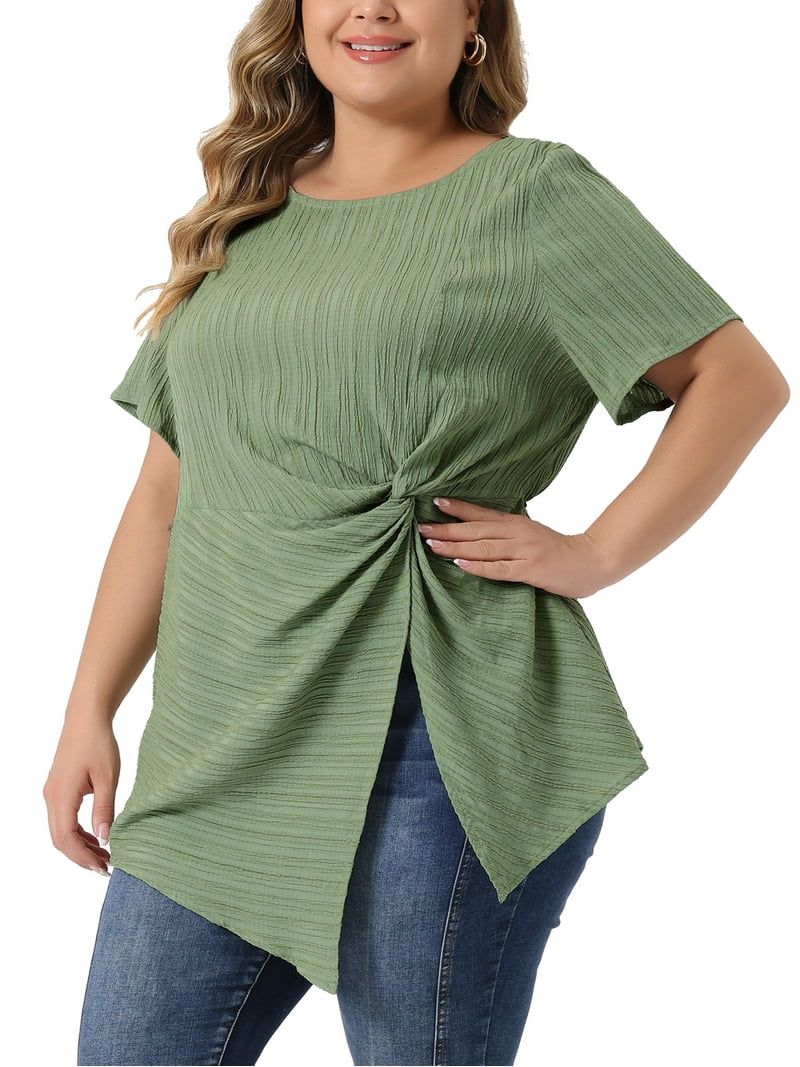 Unique Bargains Women Plus Size Asymmetrical Hem Round Neck Short