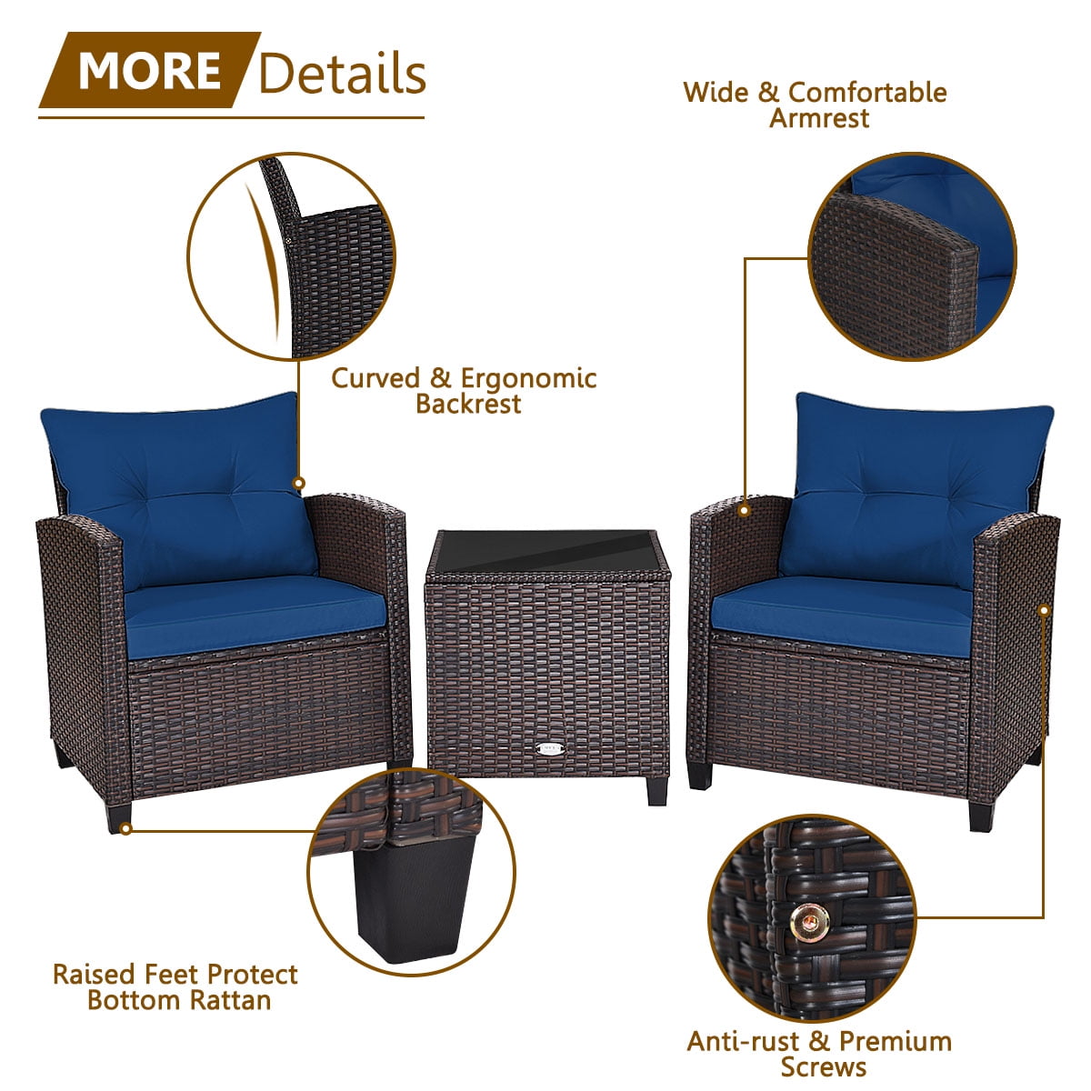 Patiojoy 3PCS Wicker Cushioned Conversation Set Outdoor Rattan Furniture w/ Navy Cushions