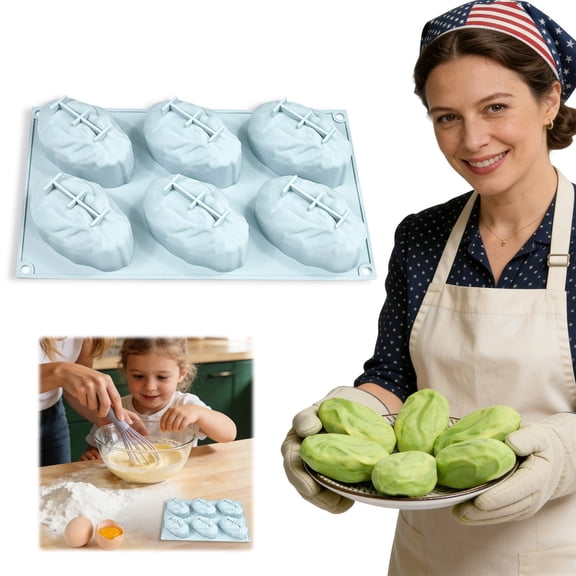 6-Cavity Pistachio Nut Shaped French Chiffon Cake Baking Silicone Mold, Non-Stick Food-Grade 11.65"x6.77"x1.57", Easy Demolding for Home Baking & Dessert Prep, Mint Green, By Preplabs
