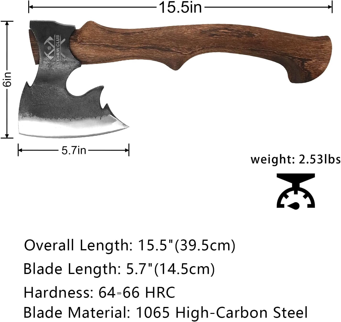 THRWCLUB 15.5" Hand Forged Hatchet, 1065 Carbon Steel, Wooden Handle, Leather Sheath, Axe Sharpener, for Camping & Gardening