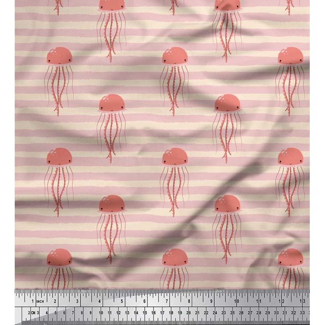 Soimoi White polyester Crepe Fabric Stripe & Jellyfish Ocean Printed Fabric 1 Yard 52 Inch Wide