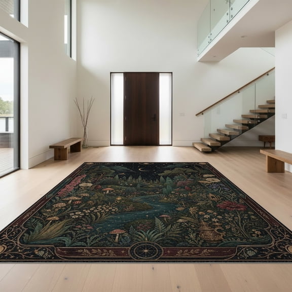 Design&I 8'x10' Washable Area Rug Midnight Forest Enchanted Scene Whimsical Nighttime Botanical Landscape for Dining Room, Large Office, Lounge, Snag-Free