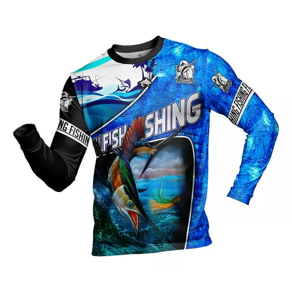 Playera Pesca Deportiva Hombre Manga Larga Pez Marlin Ikono