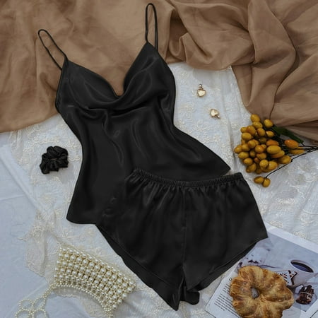 

CAICJ98 Satin Pajamas Women New Summer European And American Ice Silk Pajamas Women s Suspenders Shorts Suit Silk Thin Casual Cool Women s Home Clothes Black M
