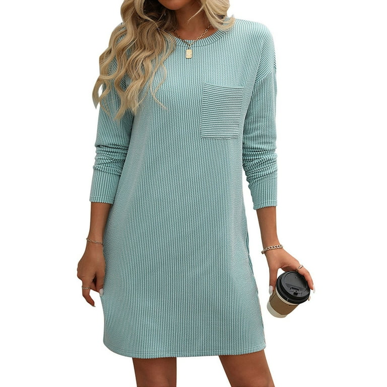 Diufon Womens Knit Cotton Dress Solid Color Mini Dress Round Neck Long Sleeve Dress with Pockets - Walmart.com Diufon Womens Knit Cotton Dress Solid Color Mini Dress Round Neck Long Sleeve Dress with Pockets - Walmart.com