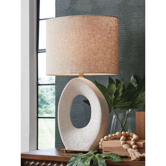 Signature Design by Ashley Trentlen Paper Table Lamp, Cream Speckle & Gold Finish, Geometric Accent, 21" Tall