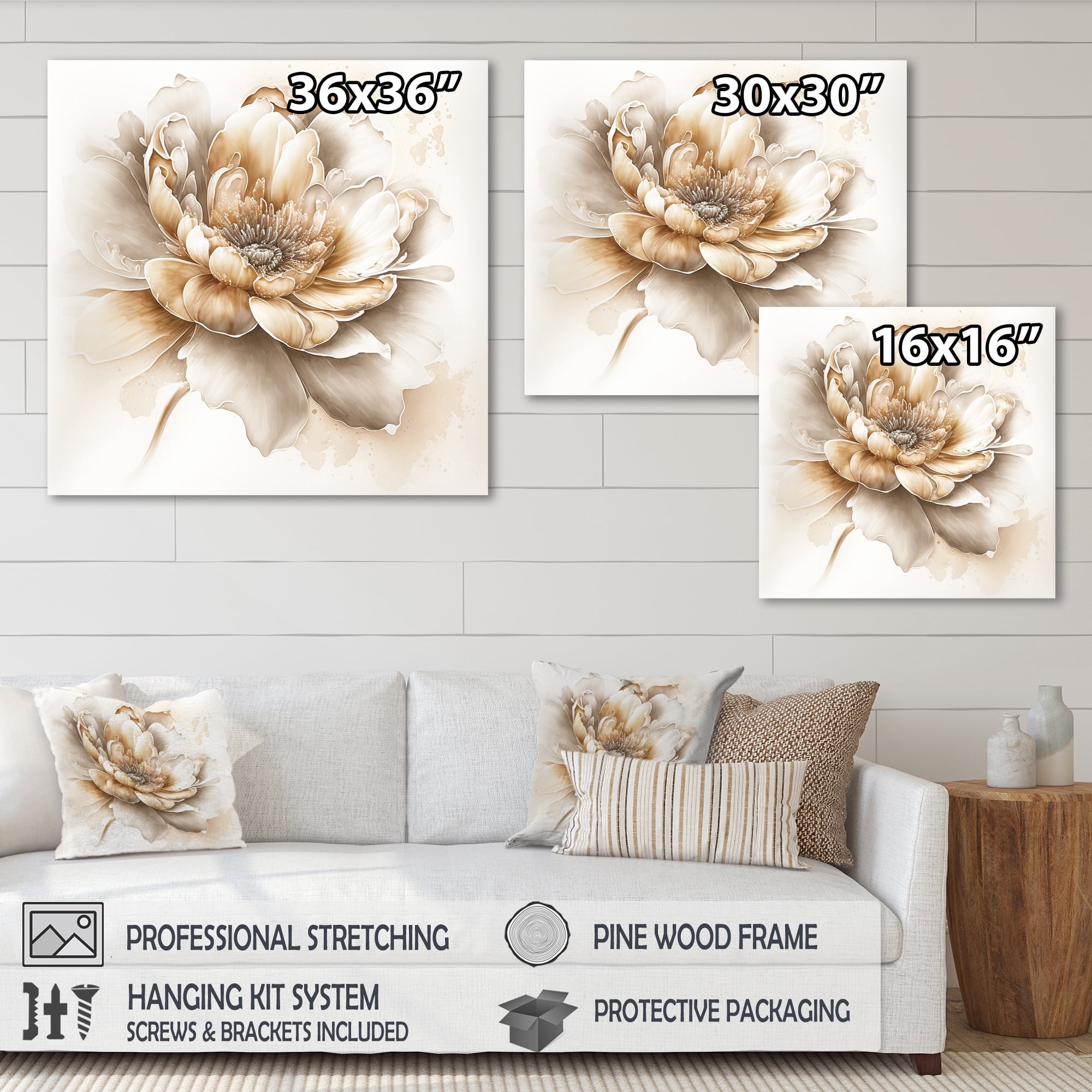 Designart Indigold Beige Flower V Canvas Wall Art