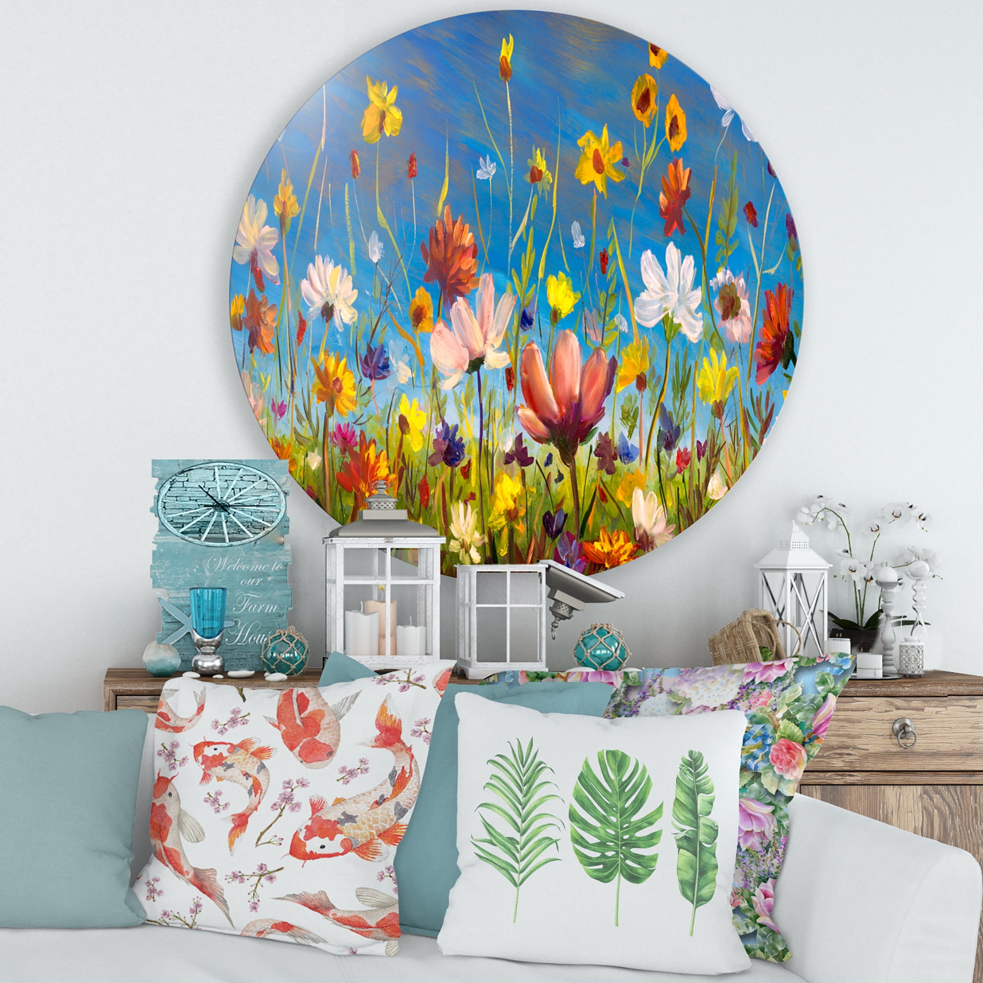 Designart 'Wildflowers and Daisies In Summer Garden Field II' Traditional Circle Metal Wall Art 36x36 - Disc of 36