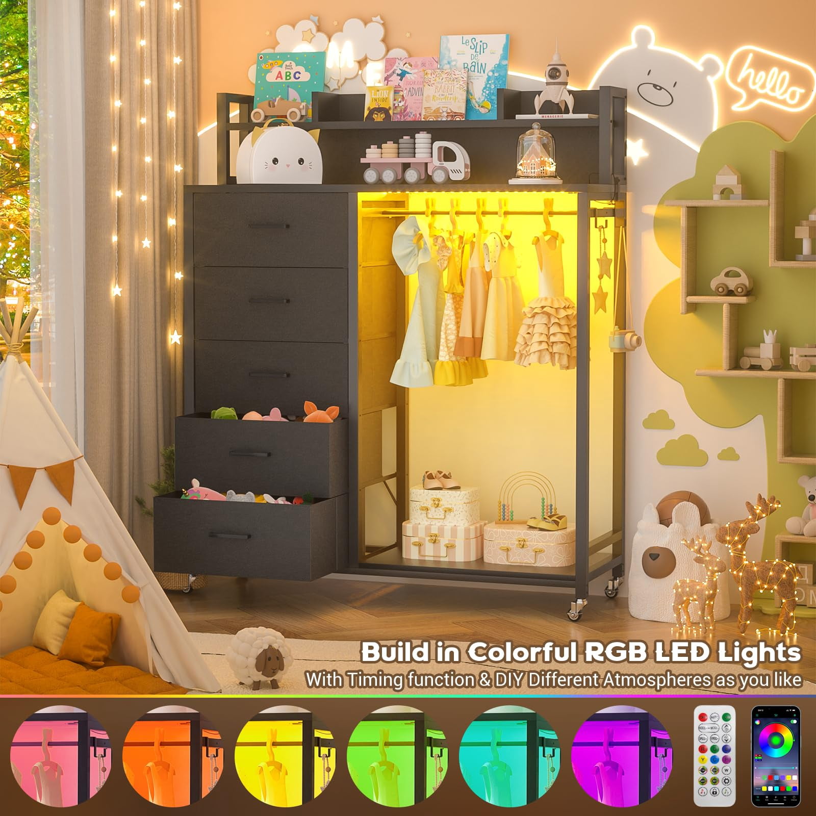 Aheaplus Dresser for Bedroom with Clothes Rack & Shelves, 5 Drawers Dresser with Charging Station & LED Lights, Chest of Drawers with Lockable Wheels, Storage Shelves, Bedroom, Entryway,Black