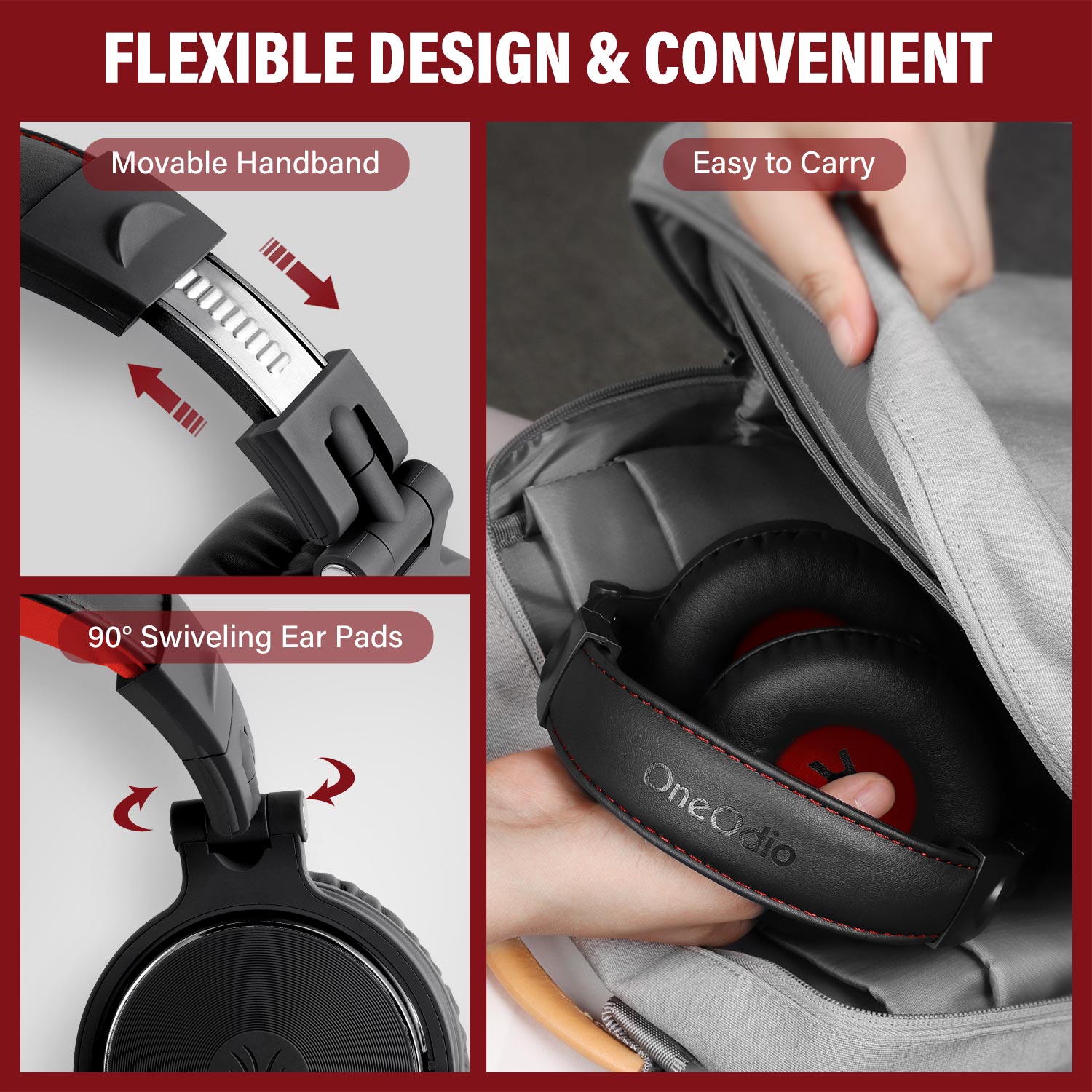 OneOdio Pro-10 Over-Ear Headphones with Dual Plugs, Red photo 3