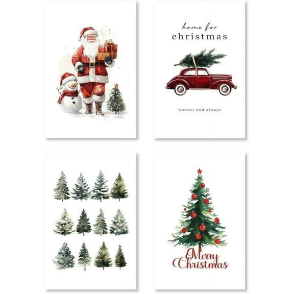 Christmas Canvas Wall Art Set of 4,Watercolor Snowy Pine Trees Car Art Poster,Winter Xmas Santa Claus Forest Wall Decor Prints for Living Room Bedroom 8x12inch Unframed