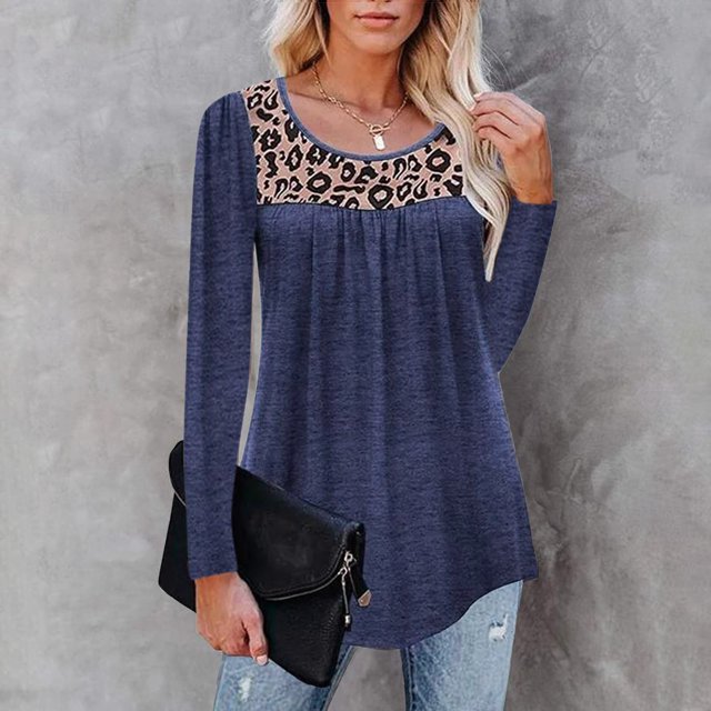Hauts pour Femmes Été Mode Décontractée Ample Imprimé Leapard Irrégulier Col Rond T-Shirts Hauts Chemises pour Femmes en Solde