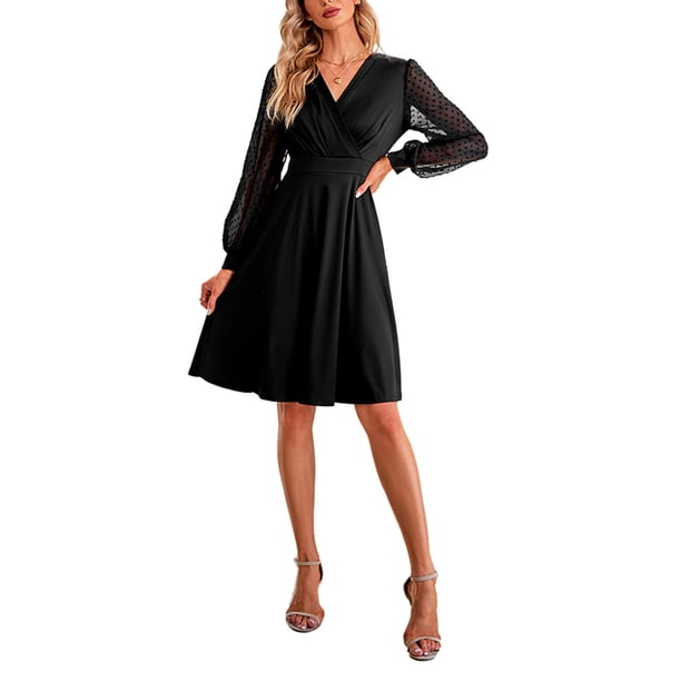 Vestido de manga larga con escote en V y encaje calado, vestido de manga larga hasta la rodilla, vestidos casuales de otoño e invierno, vestido de cóctel, vestido de fiesta