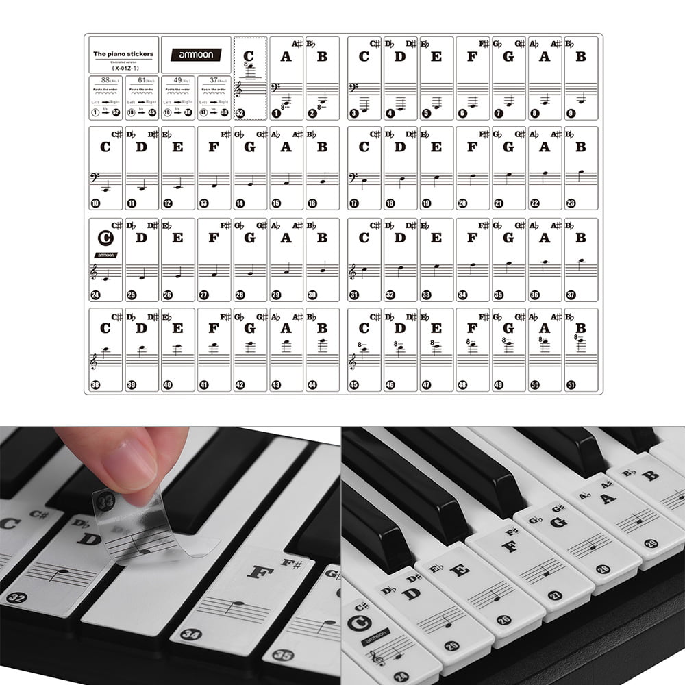ammoon Transparent Piano Keyboard Music Note Stickers Removable for 37// 49// 61// 88 Key Keyboards for Kids Beginners Piano Practice