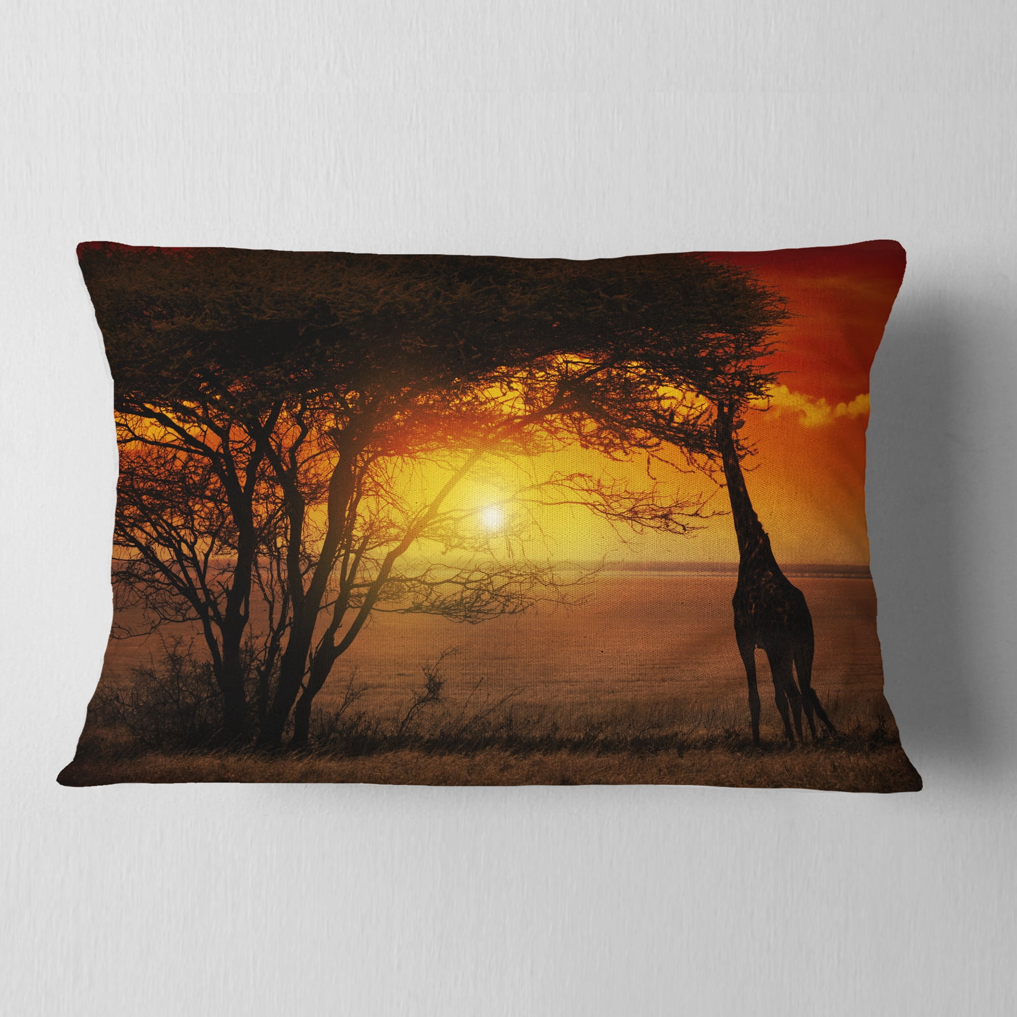 Designart Typical African Sunset with Giraffe - African Landscape Printed Throw Pillow - 12x20