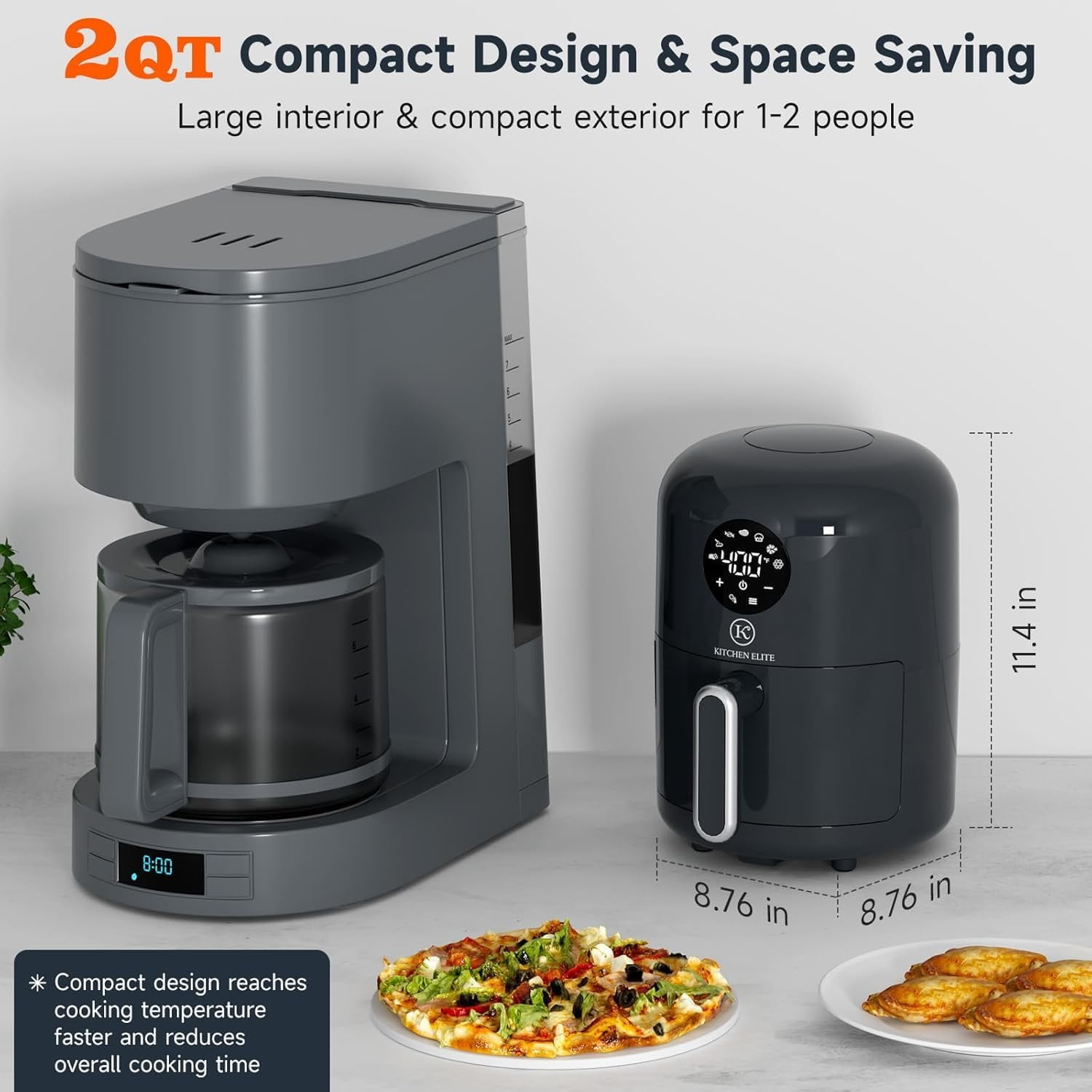 Kitchen Elite® Air Fryer, 7 in-1 Digital Compact Airfryer, Easy for Simple Meals & Snacks with Tray, 90% Less Oil, Nonstick & Dishwasher Safe Basket, 2QT Space Saving, Gray, Beautiful & Convenient