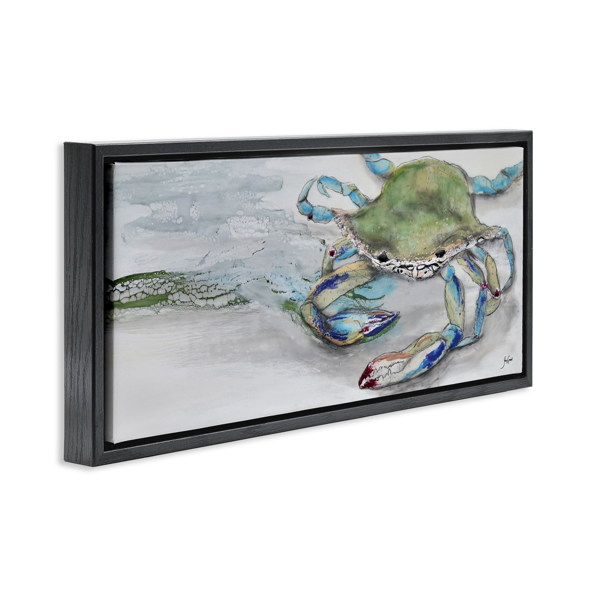 Stupell Industries Vivid Crab on Beach Shoreline Animals & Insects Painting Black Floater Framed Canvas Art Print Wall Art, 25 x 11