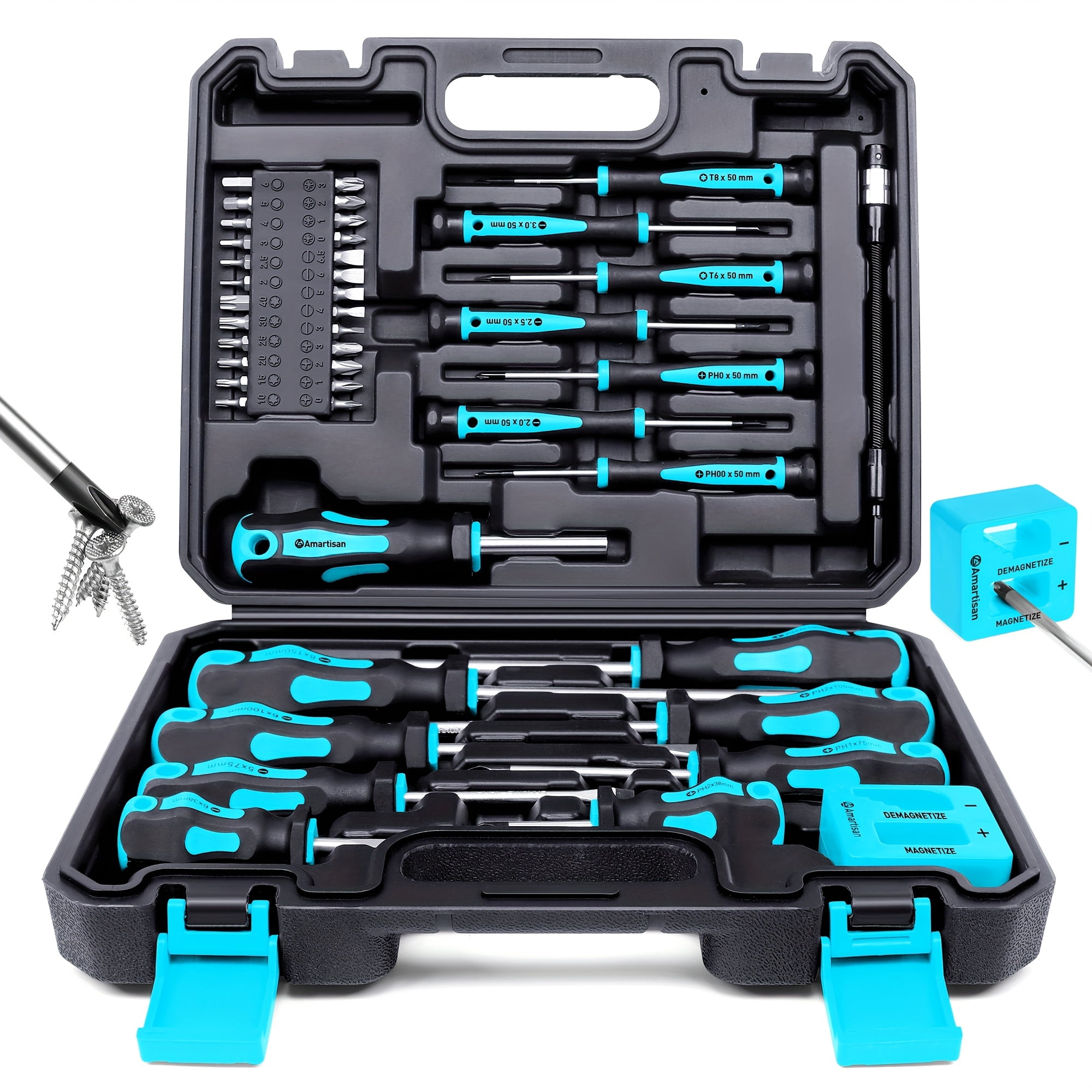 46 Piece Magnetic Screwdriver Set with Case, Slotted, Phillips, Hex and Precision Drivers with Demagnetizer Tool