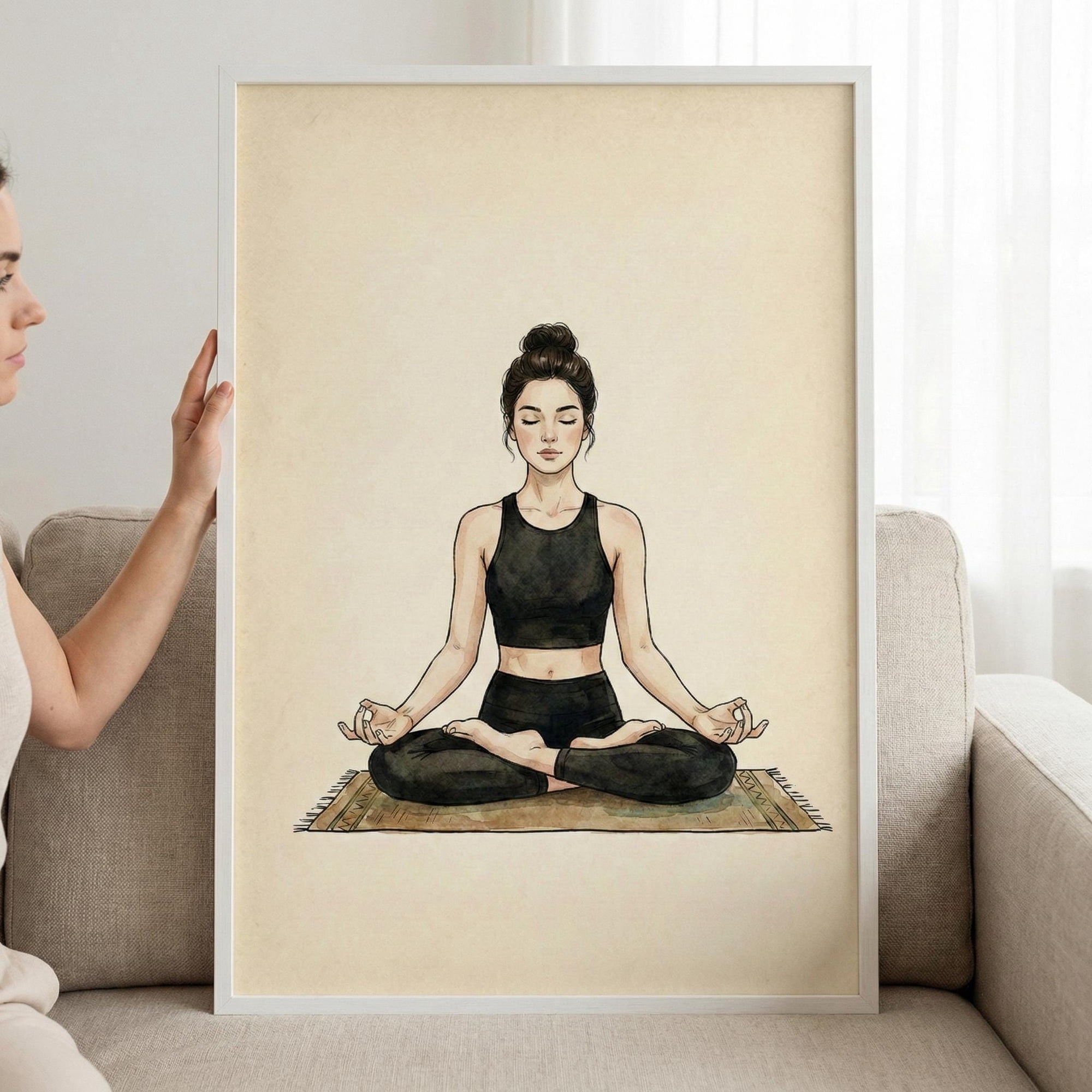 Meditating Woman Zen Yoga Mindfulness Wellness Studio Lotus Position Decorative Nursery Poster , Poster Print Only