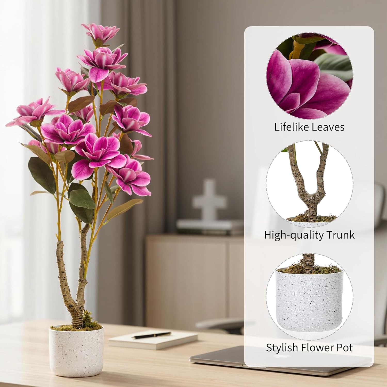 Artificial Yulan Tree Orchid Flowers Plant, 37.4inch Faux Magnolia Tree with Lifelike Floral Leaves Dried Moss Fake Potted Flowers Trees for Indoor Home Wedding Table Decor Pink