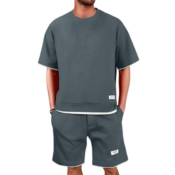 RPVATI Mens Track Suits 2 Piece Set Summer Waffle Knit Trendy Short Sleeve Shirt and Shorts Sets Casual Athletic Jogging Tracksuit Outfits Dark Gray 3XL