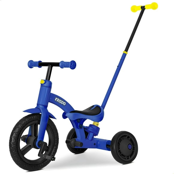 KRIDDO 4-in-1 Kids Tricycle with Parent Steering Handle, 12 Inch Front Wheel, Adjustable Height, Toddler Balance Bike for Boys and Girls 18 Months to 3 Years, Blue