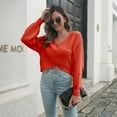 thumbnail image 3 of Defitshape Women's Crop Top Knit Sweater Long Sleeve Knit Pullover Soft V Neck Wrap Basic Fashion Casual Bishop Sleeve Pullover Sweaters Orange Large, 3 of 4