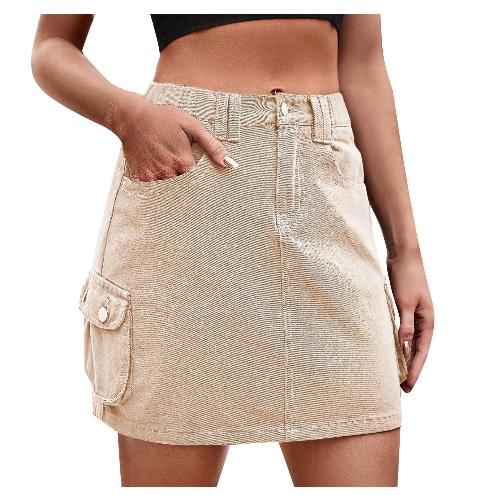 PEZHADA Women s Denim Pencil Skirt High Waist Casual Jean Skirts Khaki Walmart
