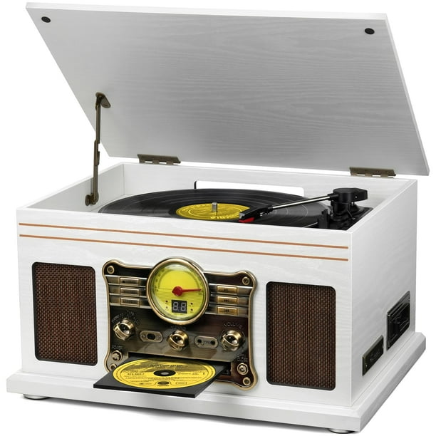 Tocadiscos Bluetooth FEKTIK 10 en 1 y 3 velocidades, color blanco