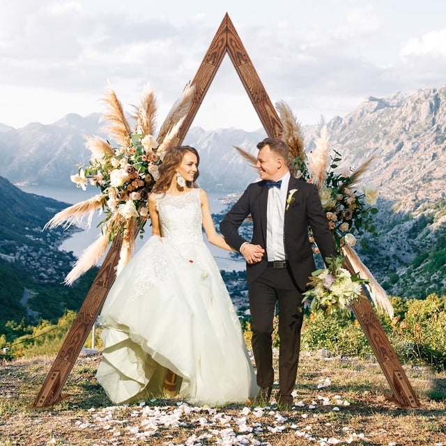 8.3FT Wooden Wedding Arch, Arch Backdrop Stand for Ceremony, Triangle Backdrop Stand for Garden Wedding Parties, Natural Wood Rustic Arch D