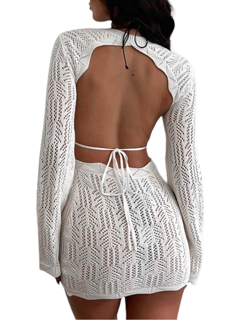 long sleeve backless bodycon mini dress in white knit Underground White Backless Dress - US 6 main image 0