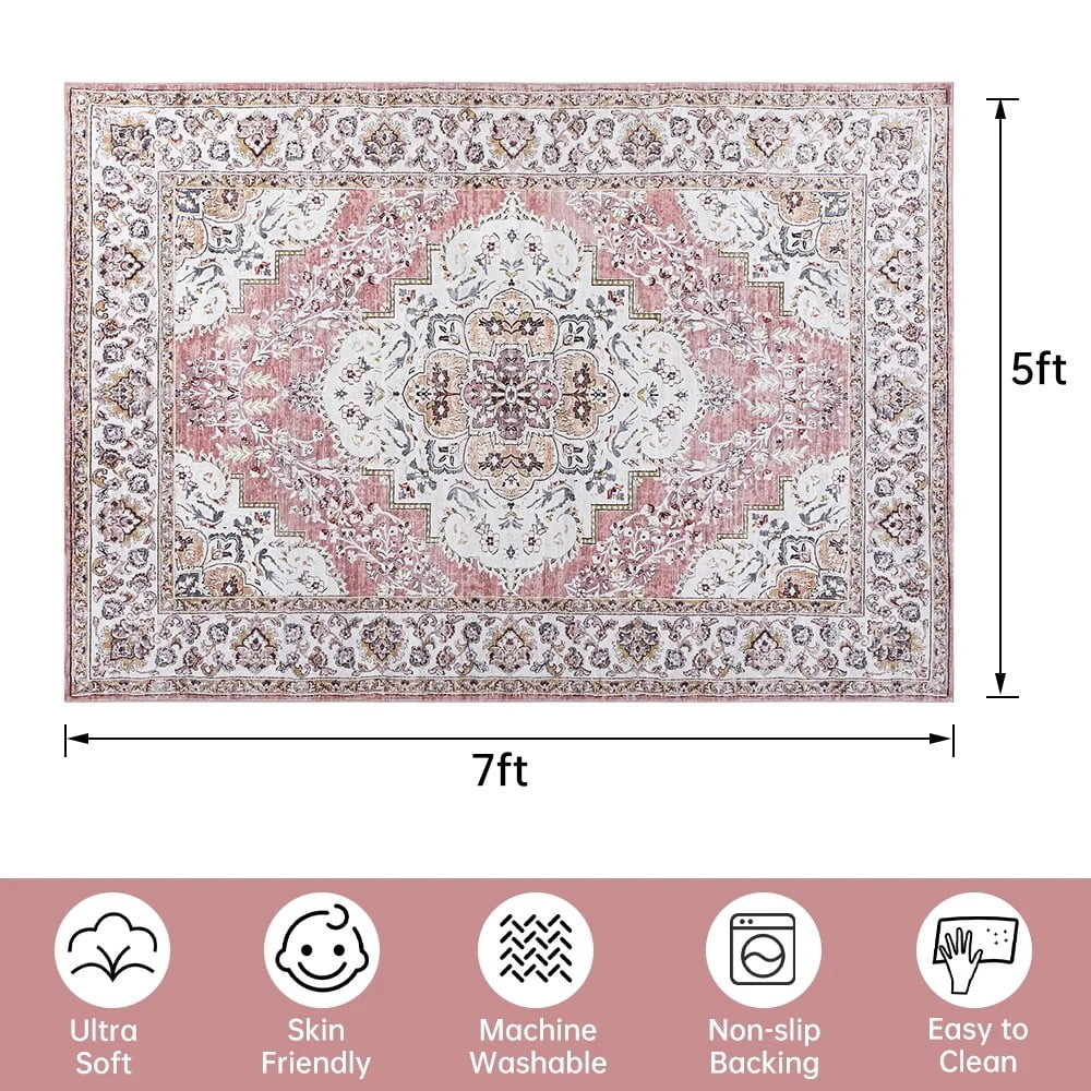 Wondiair 5'x7' Rose Pink Persian Floral Area Rug Carpet, Machine Washable Non-Slip for Living Room & Bedroom