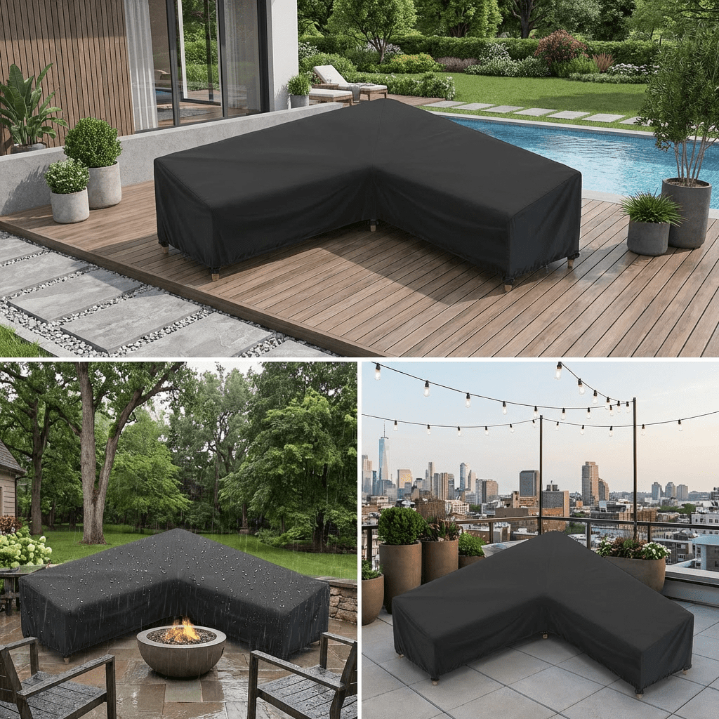 Seralis Outdoor Sectional Cover 100"x100" Black V-Shaped Patio Sofa Cover 420D Heavy Duty Waterproof