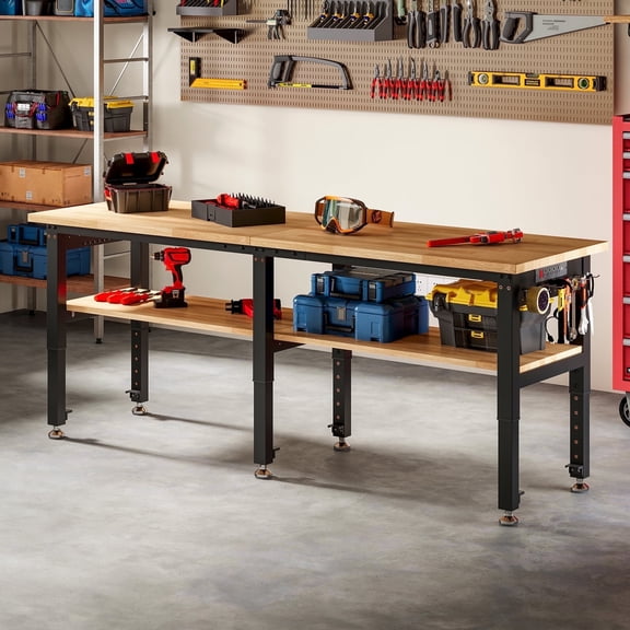 Jocisland Adjustable 2-Tier Workbench with 4 Ac Outlet and 2 Usb Ports Power Outlets, 2000 lbs Capacity, Rubber Wood Top for Garage (84×24in)