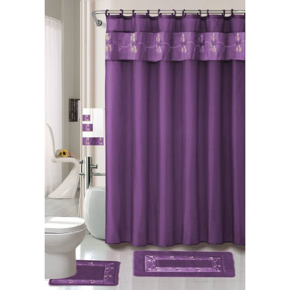 Purple Flower 18piece Bathroom Set 2rugs/mats, 1fabric Shower