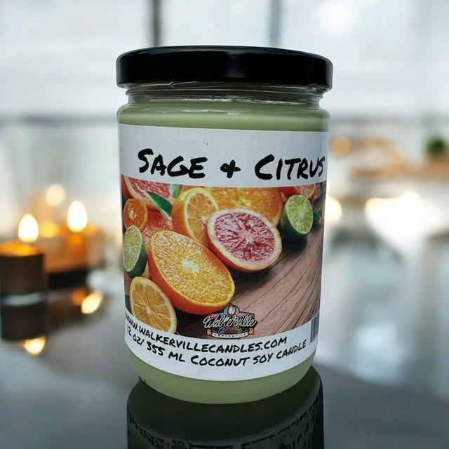 Sage & Citrus Vegan Coconut Soy 12 oz/ 355 ml Candle Hand-poured, Eco-friendly, Clean Burning, Woodsy/ Clean Fruity Wood Wick